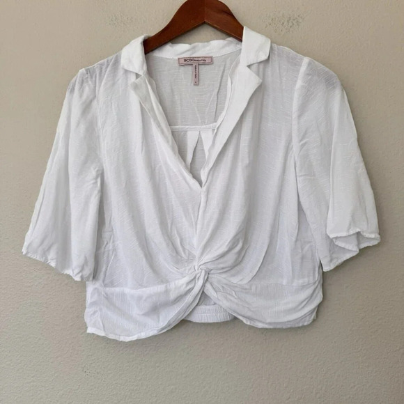 BCBGeneration WHITE COLLARED V NECK BRAIDED CROP TOP Size Small Lightweight - Picture 2 of 6